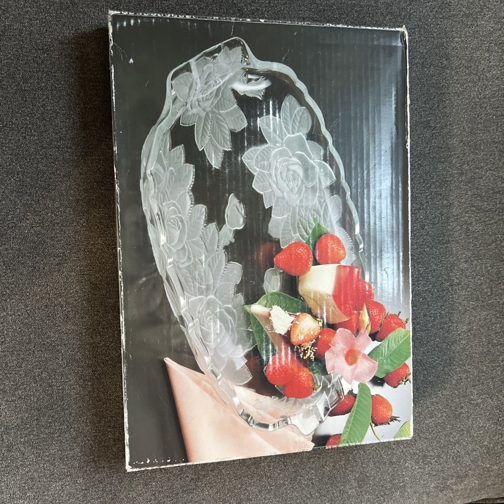 VINTAGE ROSE PEARLS 13'' Oblong Crystal Glass Tray Frosted Roses NEVER USED